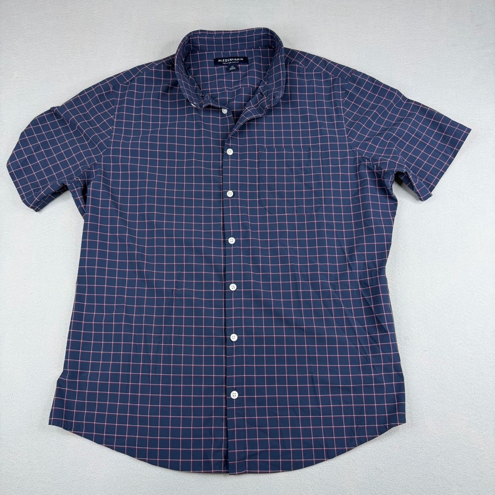 Mizzen+Main Navy Windowpane Short-Sleeve Button-Down Shirt